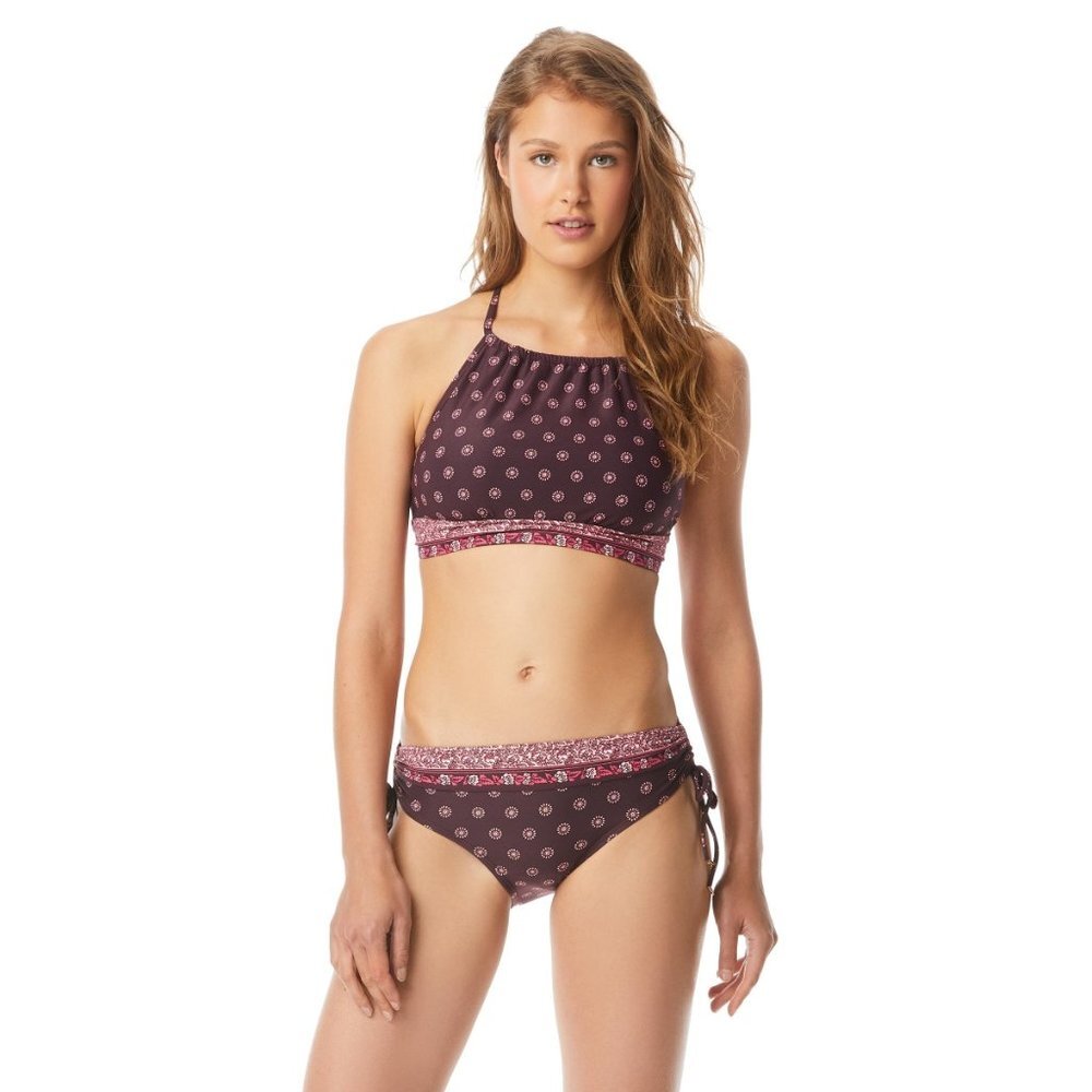 NWT MICHAEL KORS Sunny Batik Swimwear Cordovan High Neck Bikini Top Medium M
